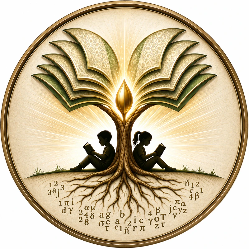 Earth School seal — a book-tree growing from roots made of letters and numbers, with two children reading beneath it