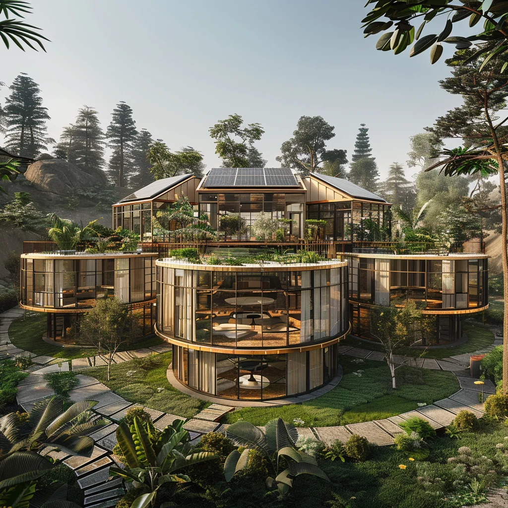 Render of a potential Earth School — round glass-and-timber pavilions with green living roofs, solar panels and garden paths